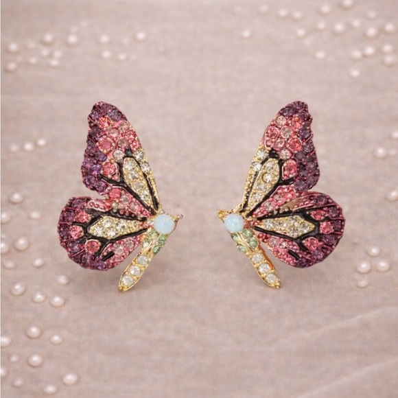 Anthropologie Jewelry - Flutterby Butterfly Pink Crystal Gold Earrings